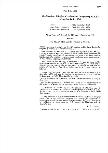 The Merchant Shipping (Certificates of Competency as A.B.) (Mauritius) Order,1960
