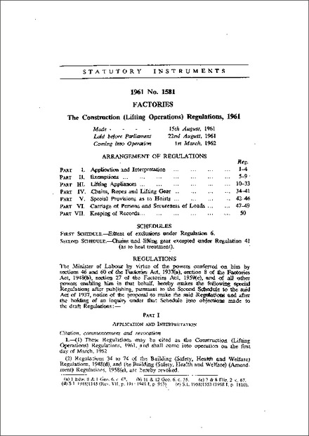 The Construction (Lifting Operations) Regulations, 1961