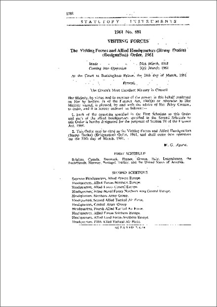 The Visiting Forces and Allied Headquarters (Stamp Duties) (Designation) Order, 1961