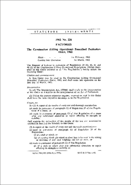 The Construction (Lifting Operations) Prescribed Particulars Order, 1962