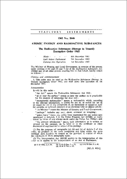 The Radioactive Substances (Storage in Transit) Exemption Order 1962