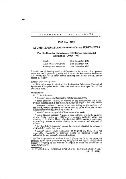 The Radioactive Substances (Geological Specimens) Exemption Order 1962