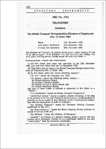The British Transport Reorganisation (Pensions of Employees) (No.1) Order 1962