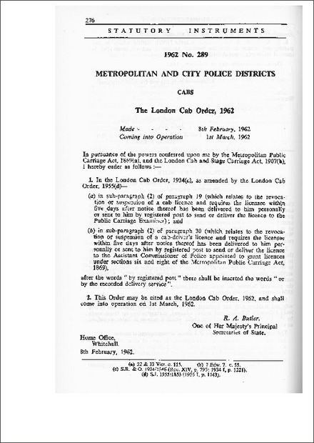 The London Cab Order, 1962