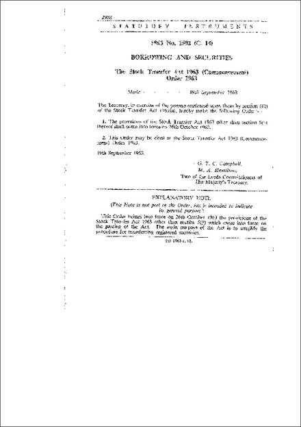 The Stock Transfer Act 1963 (Commencement) Order 1963