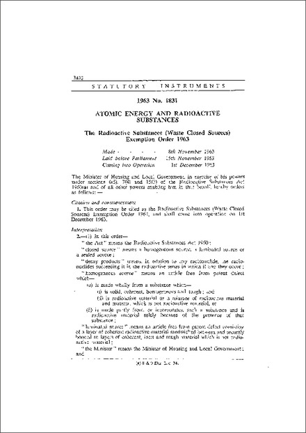 The Radioactive Substances (Waste Closed Sources) Exemption Order 1963