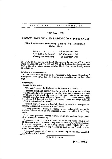 The Radioactive Substances (Schools etc.) Exemption Order 1963