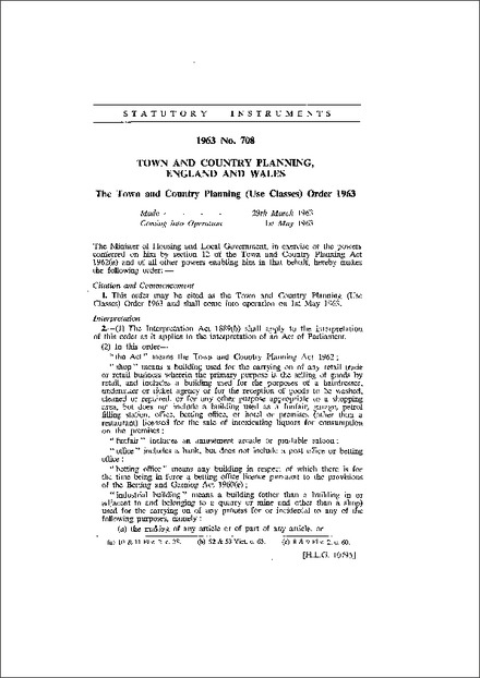The Town and Country Planning (Use Classes) Order 1963
