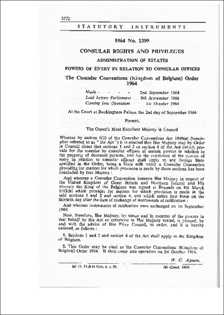 The Consular Conventions (Kingdom of Belgium) Order 1964