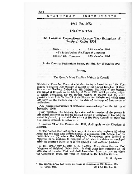 The Consular Conventions (Income Tax) (Kingdom of Belgium) Order 1964