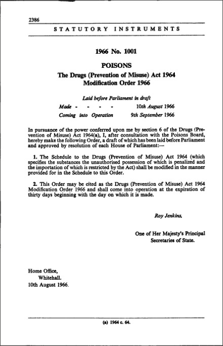 The Drugs (Prevention of Misuse) Act 1964 Modification Order 1966