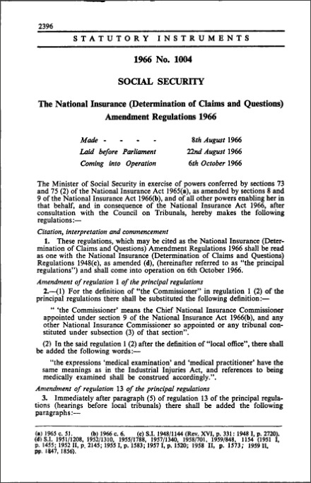 The National Insurance (Determination of Claims and Questions) Amendment Regulations 1966