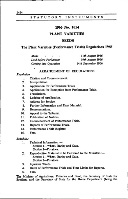 The Plant Varieties (Performance Trials) Regulations 1966