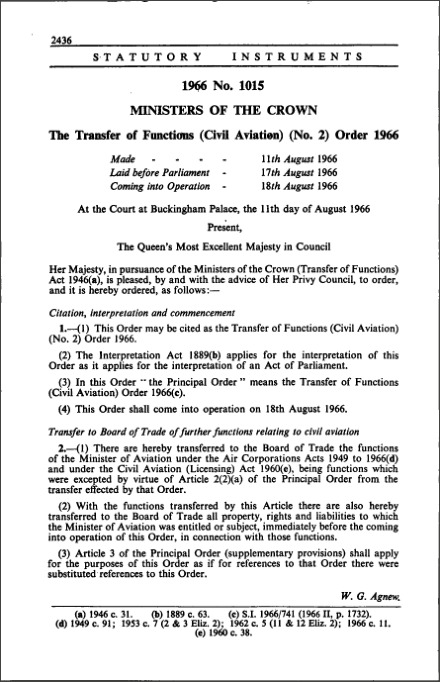 The Transfer of Functions (Civil Aviation) (No. 2) Order 1966