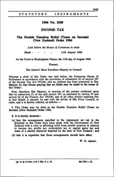 The Double Taxation Relief (Taxes on Income) (New Zealand) Order 1966