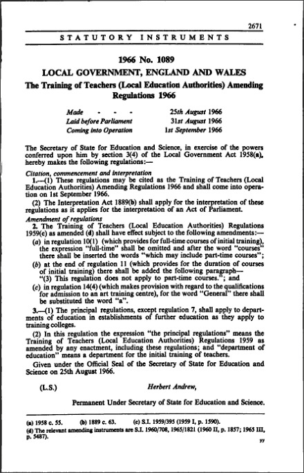 The Training of Teachers (Local Education Authorities) Amending Regulations 1966