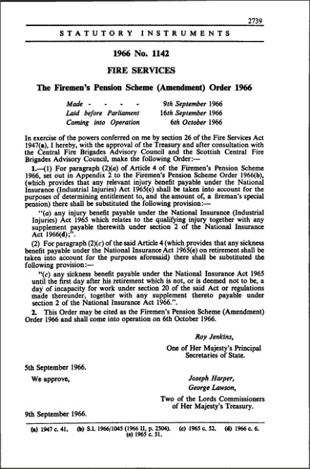 The Firemen's Pension Scheme (Amendment) Order 1966