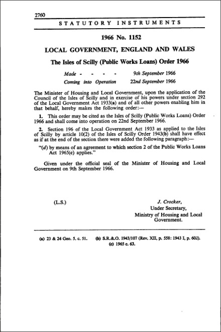 The Isles of Scilly (Public Works Loans) Order 1966