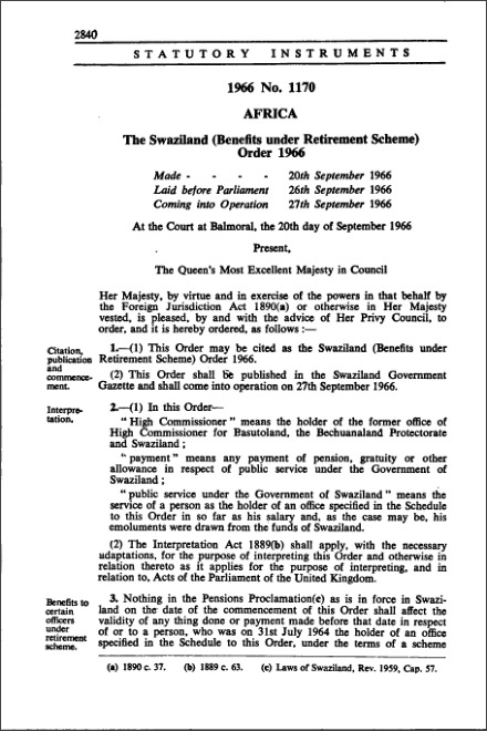 The Swaziland (Benefits under Retirement Scheme) Order 1966