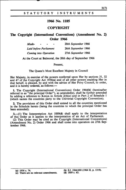 The Copyright (International Conventions) (Amendment No. 2) Order 1966