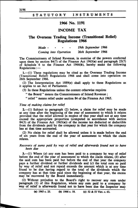 The Overseas Trading Income (Transitional Relief) Regulations 1966