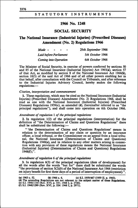The National Insurance (Industrial Injuries) (Prescribed Diseases) Amendment (No. 2) Regulations 1966
