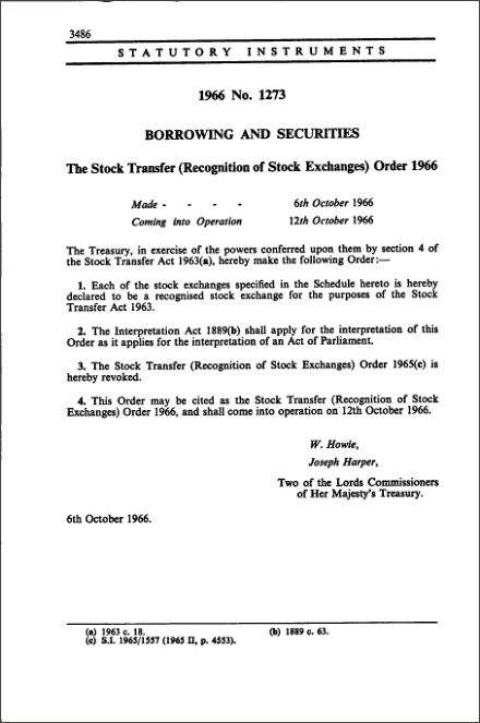 The Stock Transfer (Recognition of Stock Exchanges) Order 1966