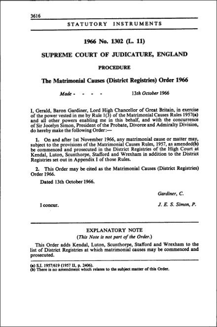 The Matrimonial Causes (District Registries) Order 1966