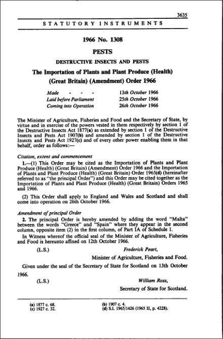 The Importation of Plants and Plant Produce (Health) (Great Britain) (Amendment) Order 1966