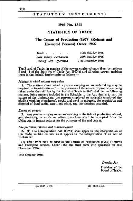 The Census of Production (1967) (Returns and Exempted Persons) Order 1966