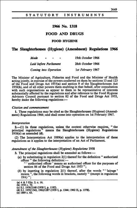 The Slaughterhouses (Hygiene) (Amendment) Regulations 1966