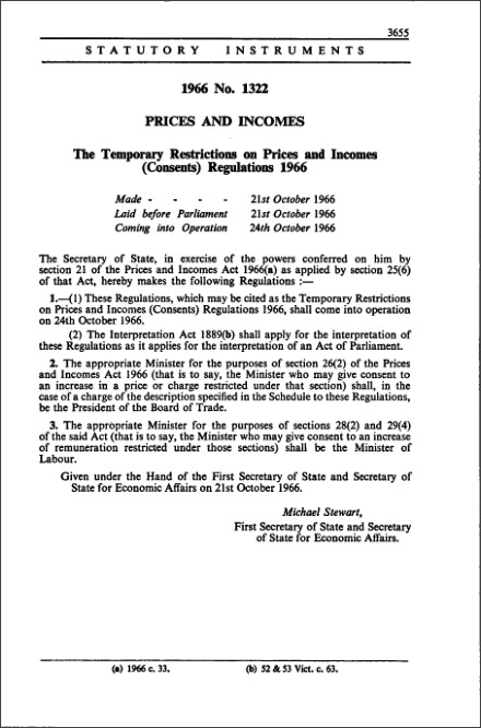 The Temporary Restrictions on Prices and Incomes (Consents) Regulations 1966