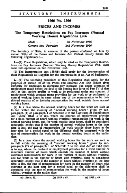 The Temporary Restrictions on Pay and Increases (Normal Working Hours) Regulations 1966