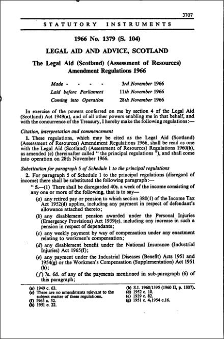 The Legal Aid (Scotland) (Assessment of Resources) Amendment Regulations 1966