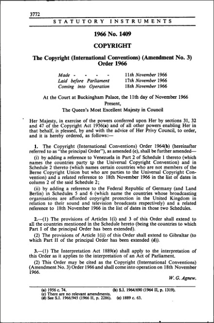 The Copyright (International Conventions) (Amendment No. 3) Order 1966