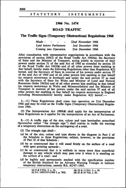 The Traffic Signs (Temporary Obstructions) Regulations 1966