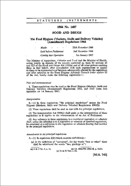 The Food Hygiene (Markets, Stalls and Delivery Vehicles) (Amendment) Regulations 1966