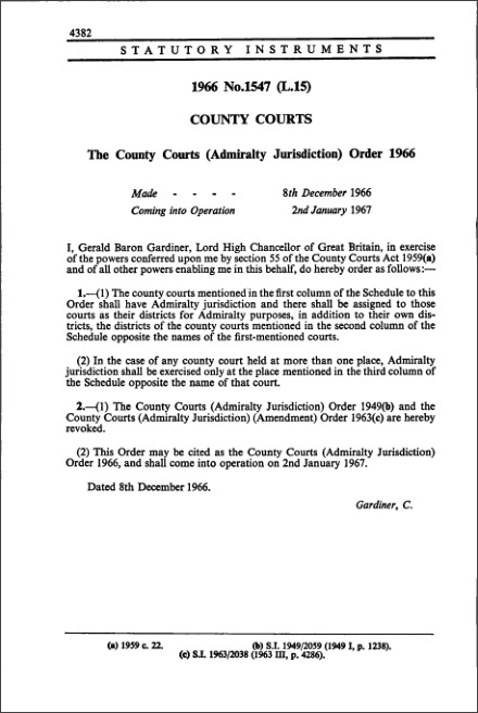 The County Courts (Admiralty Jurisdiction) Order 1966