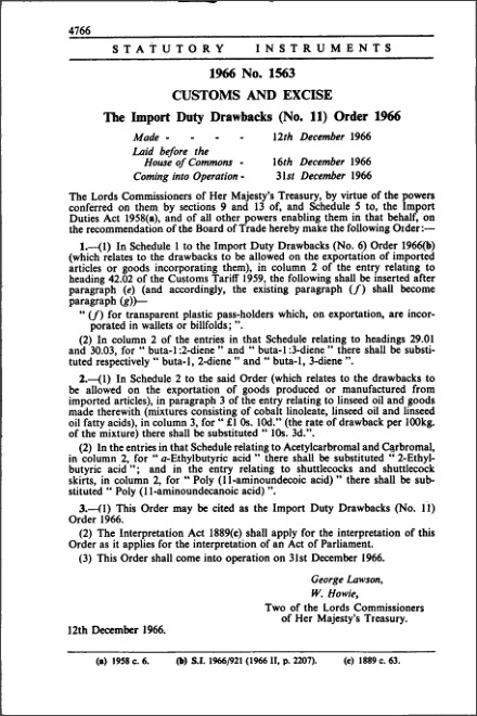 The Import Duty Drawbacks (No. 11) Order 1966