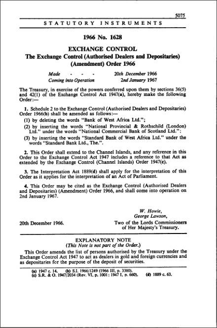 The Exchange Control (Authorised Dealers and Depositaries) (Amendment) Order 1966