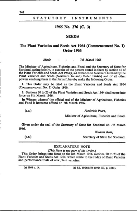 The Plant Varieties and Seeds Act 1964 (Commencement No. 1) Order 1966