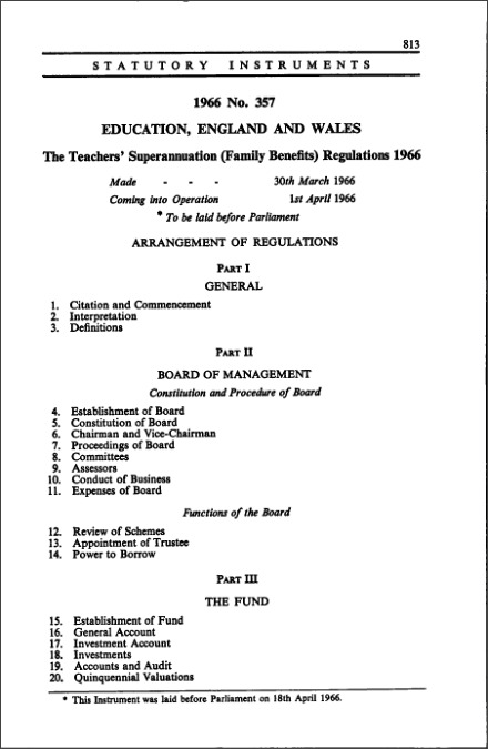 The Teachers' Superannuation (Family Benefits) Regulations 1966