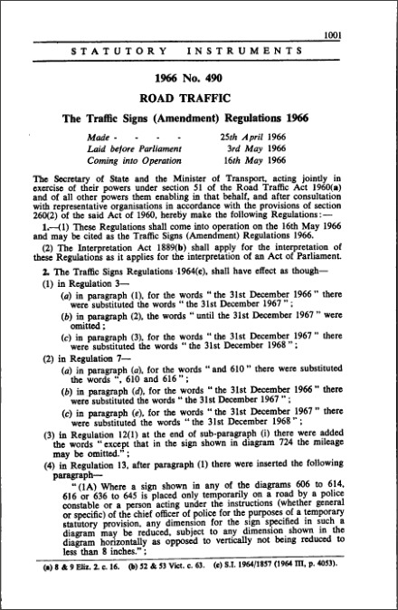 The Traffic Signs (Amendment) Regulations 1966