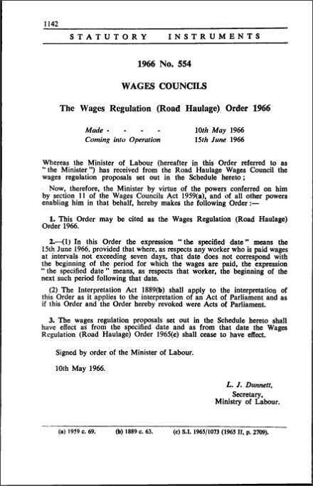 The Wages Regulation (Road Haulage) Order 1966