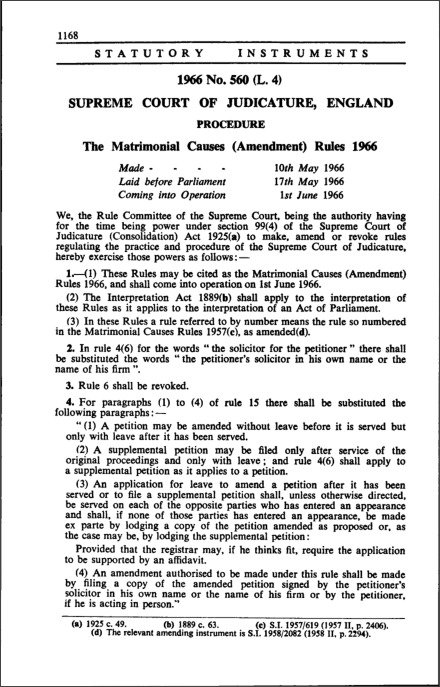 The Matrimonial Causes (Amendment) Rules 1966