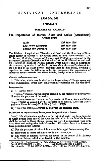 The Importation of Horses, Asses and Mules (Amendment) Order 1966