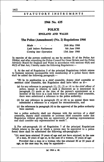 The Police (Amendment) (No. 2) Regulations 1966