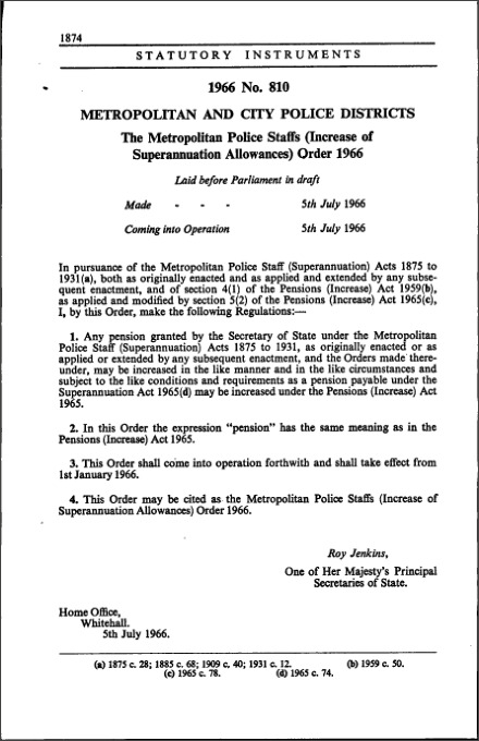 The Metropolitan Police Staffs (Increase of Superannuation Allowances) Order 1966