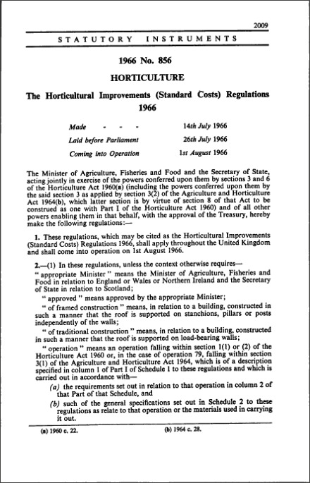 The Horticultural Improvements (Standard Costs) Regulations 1966