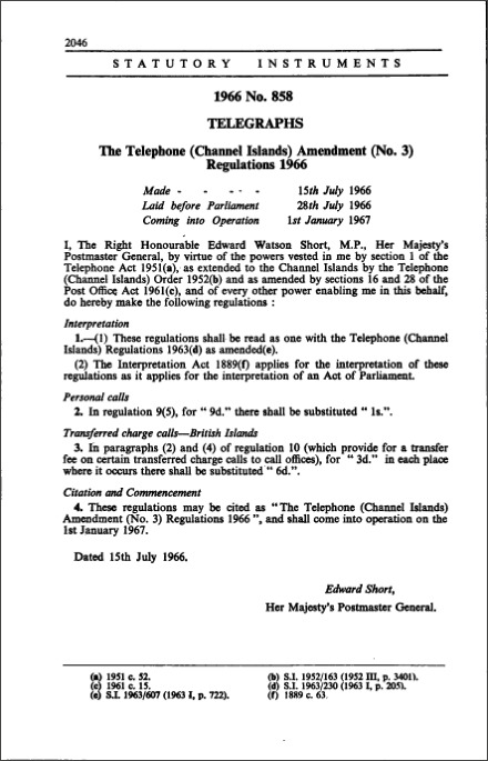 The Telephone (Channel Islands) Amendment (No. 3) Regulations 1966